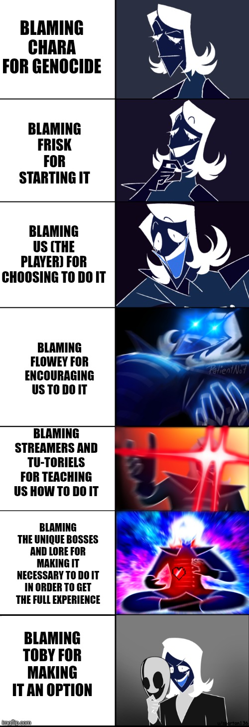 This is a joke please don't give me a bad time- | BLAMING FRISK FOR STARTING IT; BLAMING CHARA FOR GENOCIDE; BLAMING US (THE PLAYER) FOR CHOOSING TO DO IT; BLAMING FLOWEY FOR ENCOURAGING US TO DO IT; BLAMING STREAMERS AND TU-TORIELS FOR TEACHING US HOW TO DO IT; BLAMING THE UNIQUE BOSSES AND LORE FOR MAKING IT NECESSARY TO DO IT IN ORDER TO GET THE FULL EXPERIENCE; BLAMING TOBY FOR MAKING IT AN OPTION | image tagged in rouxls kaard large edition,undertale,undertale genocide,genocide,blame | made w/ Imgflip meme maker