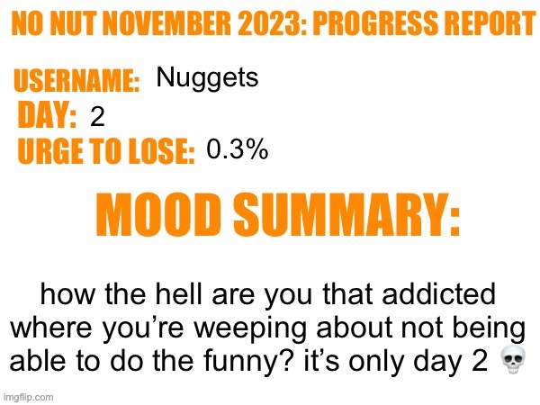 No Nut November 2023 Progress Report | Nuggets; 2; 0.3%; how the hell are you that addicted where you’re weeping about not being able to do the funny? it’s only day 2 💀 | image tagged in no nut november 2023 progress report | made w/ Imgflip meme maker