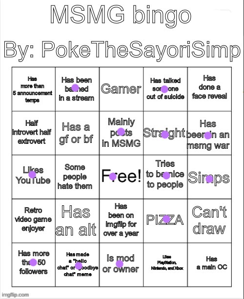 msmg bingo ive had a bf in the past but not currently | image tagged in msmg bingo by poke | made w/ Imgflip meme maker