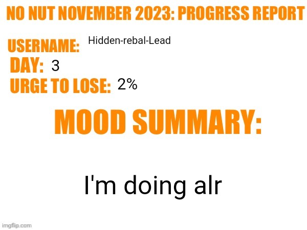 Not hard | Hidden-rebal-Lead; 3; 2%; I'm doing alr | image tagged in no nut november 2023 progress report,memes,funny,nnn | made w/ Imgflip meme maker