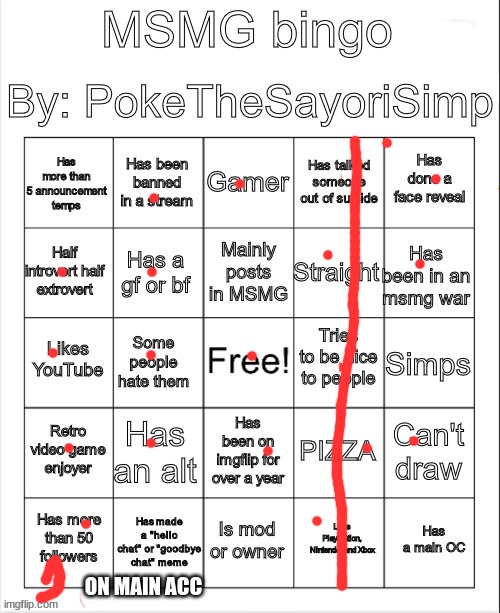 bingo. | ON MAIN ACC | image tagged in msmg bingo by poke | made w/ Imgflip meme maker