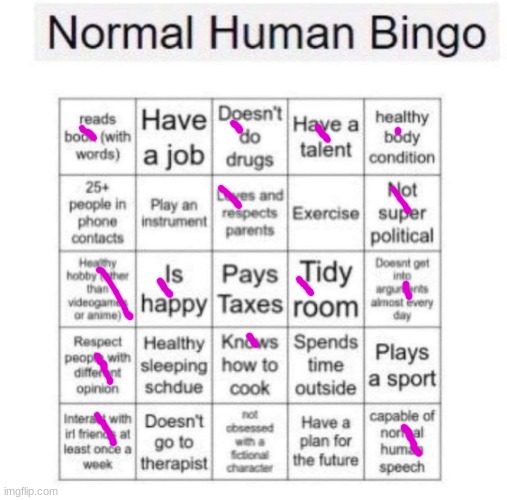Don't got a bingo but damn this is more than expected(Hobby is reading, writing, and drawing) | image tagged in normal human bingo | made w/ Imgflip meme maker