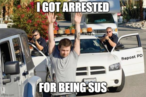 Repost Police | I GOT ARRESTED; FOR BEING SUS | image tagged in repost police | made w/ Imgflip meme maker