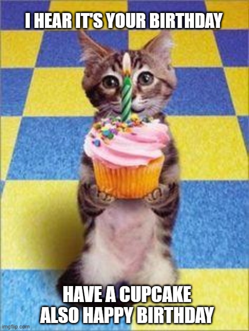 Happy Birthday Cat | I HEAR IT'S YOUR BIRTHDAY; HAVE A CUPCAKE ALSO HAPPY BIRTHDAY | image tagged in happy birthday cat | made w/ Imgflip meme maker