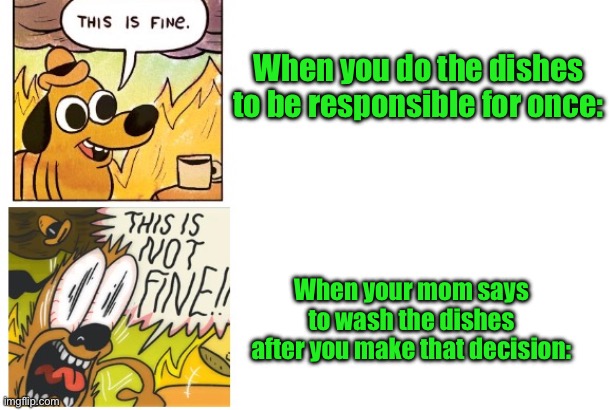 This is Fine, This is Not Fine | When you do the dishes to be responsible for once:; When your mom says to wash the dishes after you make that decision: | image tagged in this is fine this is not fine | made w/ Imgflip meme maker