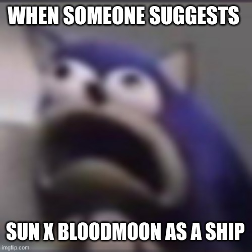 Sun and Moon Show YT Channel meme, Scared Sonic | WHEN SOMEONE SUGGESTS; SUN X BLOODMOON AS A SHIP | image tagged in distress | made w/ Imgflip meme maker