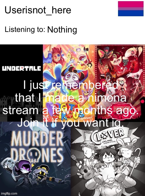https://imgflip.com/m/Nimona_stream | Nothing; I just remembered that I made a nimona stream a few months ago. Join it if you want ig. | image tagged in dont use if you do i will steal your left kneecap at 3am,a | made w/ Imgflip meme maker