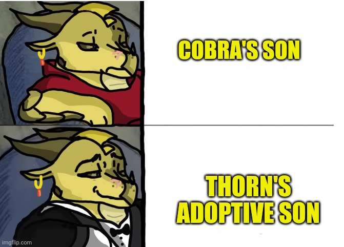 Shrug | COBRA'S SON; THORN'S ADOPTIVE SON | image tagged in qibli tuxedo,dragonz,rake | made w/ Imgflip meme maker