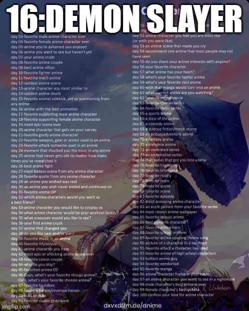100 day anime challenge | 16:DEMON SLAYER | image tagged in 100 day anime challenge | made w/ Imgflip meme maker