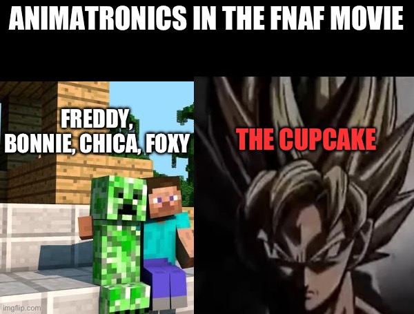 Fr Cupcake is just an absolute Gremlin in this movie | ANIMATRONICS IN THE FNAF MOVIE; FREDDY, BONNIE, CHICA, FOXY; THE CUPCAKE | image tagged in minecraft friendship,cupcake,fnaf | made w/ Imgflip meme maker