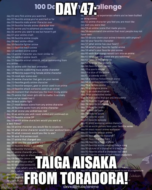 day 47 she's so cool tgl | DAY 47:; TAIGA AISAKA FROM TORADORA! | image tagged in 100 day anime challenge,toradora | made w/ Imgflip meme maker