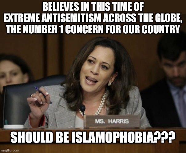 Blinding stupidity is normally a handicap. Not for Democrats! | BELIEVES IN THIS TIME OF EXTREME ANTISEMITISM ACROSS THE GLOBE, THE NUMBER 1 CONCERN FOR OUR COUNTRY; SHOULD BE ISLAMOPHOBIA??? | image tagged in kamala harris | made w/ Imgflip meme maker