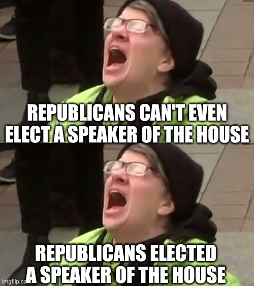 REPUBLICANS CAN'T EVEN ELECT A SPEAKER OF THE HOUSE REPUBLICANS ELECTED A SPEAKER OF THE HOUSE | image tagged in screaming liberal | made w/ Imgflip meme maker