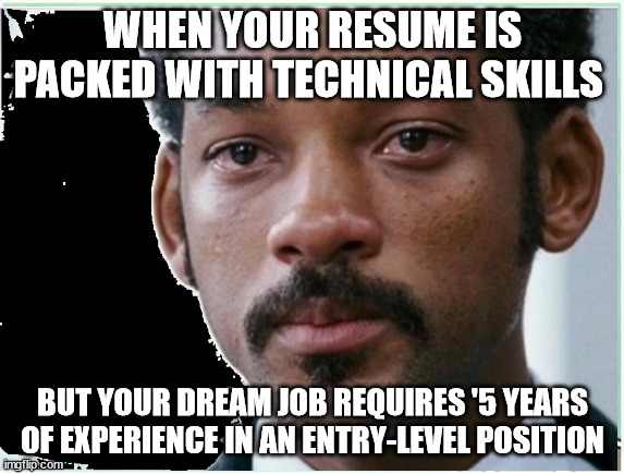 WHEN YOUR RESUME IS PACKED WITH TECHNICAL SKILLS; BUT YOUR DREAM JOB REQUIRES '5 YEARS OF EXPERIENCE IN AN ENTRY-LEVEL POSITION | made w/ Imgflip meme maker