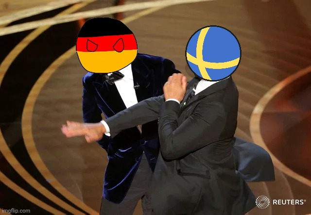 Swedenball Punching Germanyball | image tagged in will smith punching chris rock | made w/ Imgflip meme maker