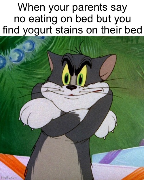 Relatable | When your parents say no eating on bed but you find yogurt stains on their bed | image tagged in angry tom,ayo,sus,memes,funny,relatable | made w/ Imgflip meme maker