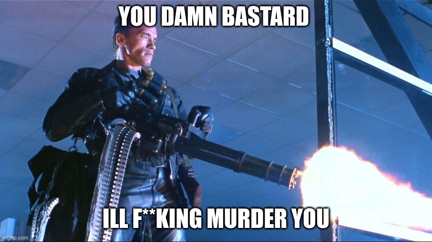 Terminator Minigun Arnold Schwarzenegger | YOU DAMN BASTARD ILL F**KING MURDER YOU | image tagged in terminator minigun arnold schwarzenegger | made w/ Imgflip meme maker