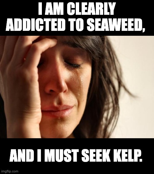 Kelp | I AM CLEARLY ADDICTED TO SEAWEED, AND I MUST SEEK KELP. | image tagged in memes,first world problems | made w/ Imgflip meme maker