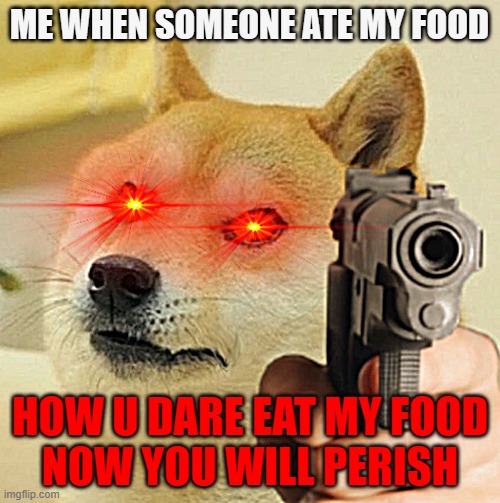 wrong choise. | ME WHEN SOMEONE ATE MY FOOD; HOW U DARE EAT MY FOOD
NOW YOU WILL PERISH | image tagged in doge holding gun with laser eye | made w/ Imgflip meme maker