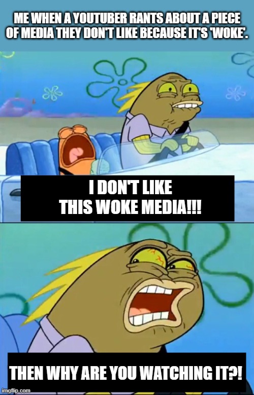 Spongebob Crying Fish Child | ME WHEN A YOUTUBER RANTS ABOUT A PIECE OF MEDIA THEY DON'T LIKE BECAUSE IT'S 'WOKE'. I DON'T LIKE THIS WOKE MEDIA!!! THEN WHY ARE YOU WATCHING IT?! | image tagged in spongebob crying fish child | made w/ Imgflip meme maker