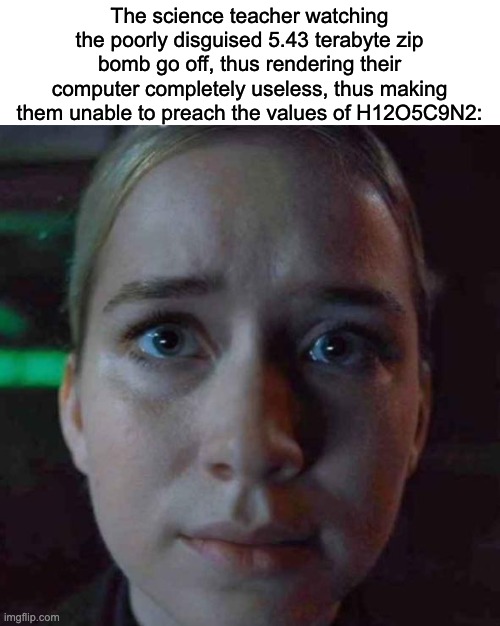 More fnaf movie shit | The science teacher watching the poorly disguised 5.43 terabyte zip bomb go off, thus rendering their computer completely useless, thus making them unable to preach the values of H12O5C9N2: | image tagged in vanessa stare | made w/ Imgflip meme maker