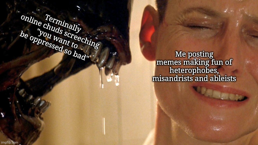 chuds like to harass me | Me posting memes making fun of heterophobes, misandrists and ableists; Terminally online chuds screeching "you want to be oppressed so bad" | image tagged in xenomorph alien | made w/ Imgflip meme maker