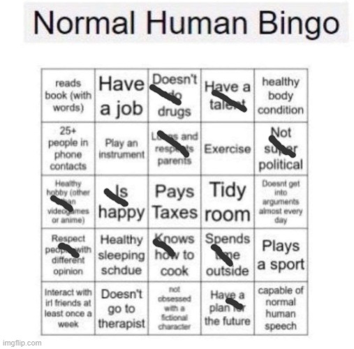 If M saw my room(from her last post), she'd probably hang my at my feet | image tagged in normal human bingo | made w/ Imgflip meme maker