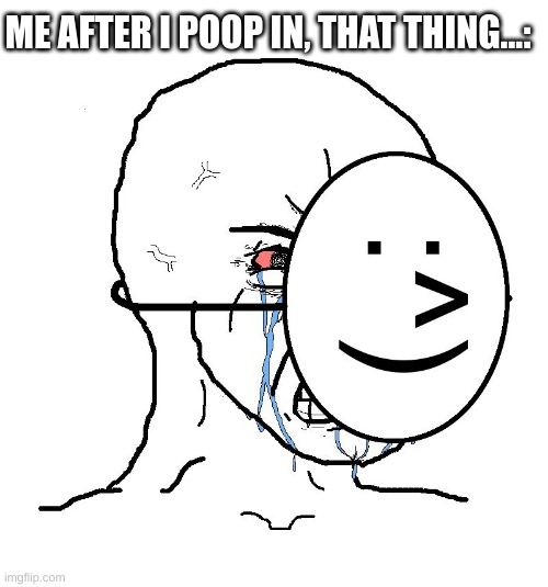 Pretending To Be Happy, Hiding Crying Behind A Mask | ME AFTER I POOP IN, THAT THING...: | image tagged in pretending to be happy hiding crying behind a mask | made w/ Imgflip meme maker