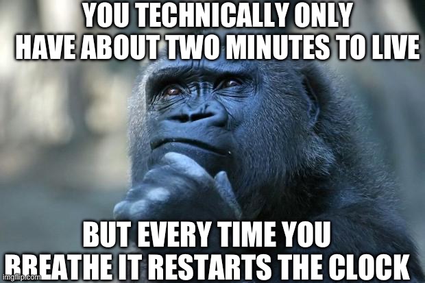 Random Deep Thought #2 | YOU TECHNICALLY ONLY HAVE ABOUT TWO MINUTES TO LIVE; BUT EVERY TIME YOU BREATHE IT RESTARTS THE CLOCK | image tagged in deep thoughts,shower thoughts,brain damage,thoughts,funny | made w/ Imgflip meme maker