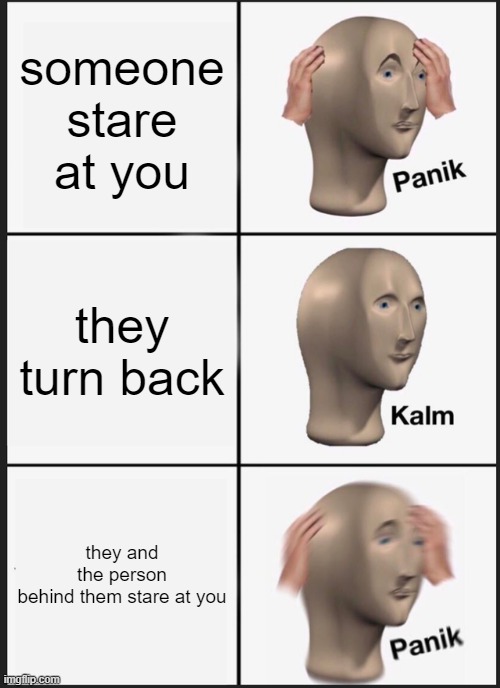 Panik Kalm Panik | someone stare at you; they turn back; they and the person behind them stare at you | image tagged in memes,panik kalm panik | made w/ Imgflip meme maker