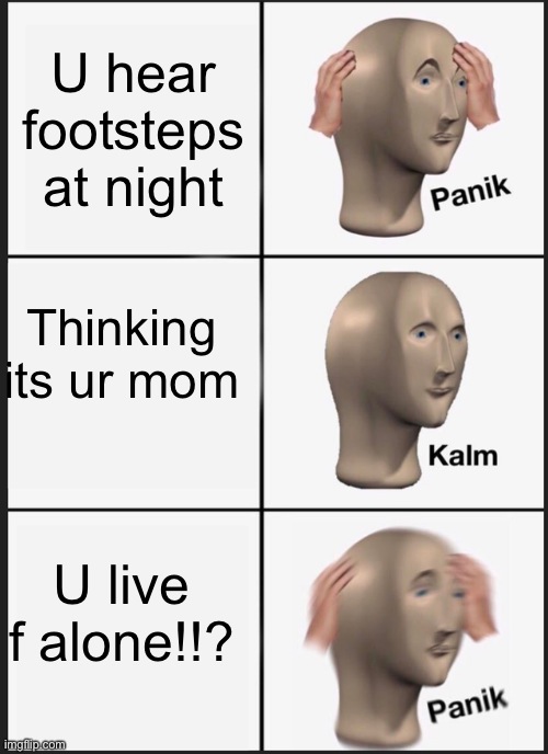 L | U hear footsteps at night; Thinking its ur mom; U live f alone!!? | image tagged in memes,panik kalm panik | made w/ Imgflip meme maker