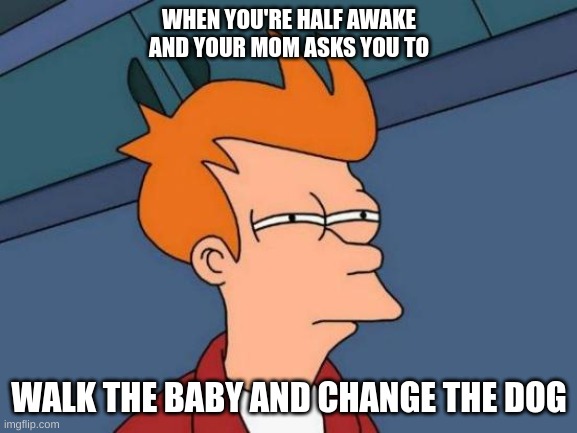 Futurama Fry | WHEN YOU'RE HALF AWAKE AND YOUR MOM ASKS YOU TO; WALK THE BABY AND CHANGE THE DOG | image tagged in memes,futurama fry | made w/ Imgflip meme maker