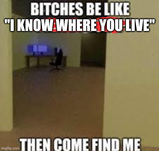 B*ches be like I have your ip adress then come find me | "I KNOW WHERE YOU LIVE" | image tagged in b ches be like i have your ip adress then come find me | made w/ Imgflip meme maker