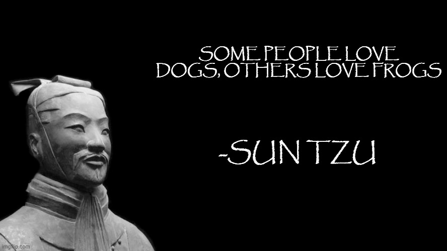 Sun Tzu | SOME PEOPLE LOVE DOGS, OTHERS LOVE FROGS; -SUN TZU | image tagged in sun tzu | made w/ Imgflip meme maker
