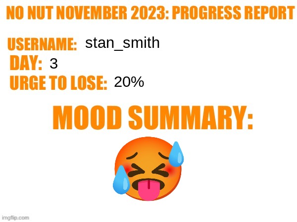 it'll go away soon | stan_smith; 3; 20% | image tagged in no nut november 2023 progress report | made w/ Imgflip meme maker
