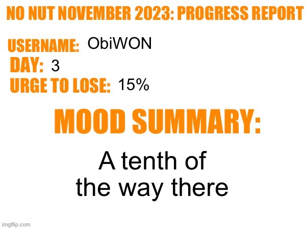 No Nut November 2023 Progress Report | ObiWON; 3; 15%; A tenth of the way there | image tagged in no nut november 2023 progress report | made w/ Imgflip meme maker