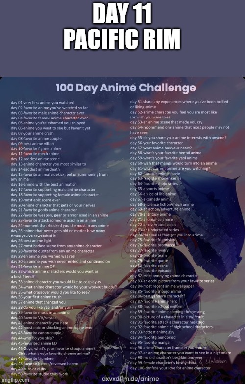 Day 11 | DAY 11
PACIFIC RIM | image tagged in 100 day anime challenge | made w/ Imgflip meme maker