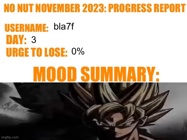 no horny | bla7f; 3; 0% | image tagged in no nut november 2023 progress report | made w/ Imgflip meme maker