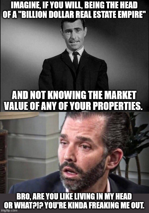 IMAGINE, IF YOU WILL, BEING THE HEAD OF A "BILLION DOLLAR REAL ESTATE EMPIRE"; AND NOT KNOWING THE MARKET VALUE OF ANY OF YOUR PROPERTIES. BRO, ARE YOU LIKE LIVING IN MY HEAD OR WHAT?!? YOU'RE KINDA FREAKING ME OUT. | image tagged in rod serling twilight zone,don trump jr coked up facing left | made w/ Imgflip meme maker