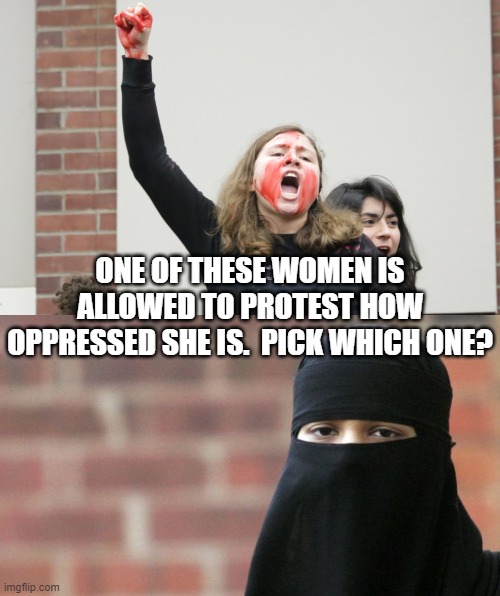 ONE OF THESE WOMEN IS ALLOWED TO PROTEST HOW OPPRESSED SHE IS.  PICK WHICH ONE? | image tagged in sjw-rutgers,not funny burka | made w/ Imgflip meme maker