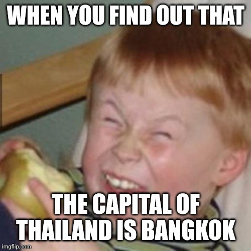 laughing kid | WHEN YOU FIND OUT THAT THE CAPITAL OF THAILAND IS BANGKOK | image tagged in laughing kid | made w/ Imgflip meme maker