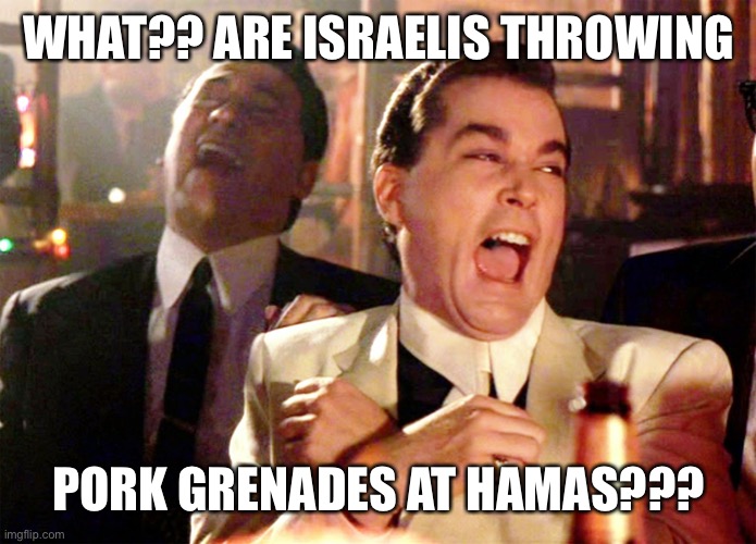 Good Fellas Hilarious Meme | WHAT?? ARE ISRAELIS THROWING PORK GRENADES AT HAMAS??? | image tagged in memes,good fellas hilarious | made w/ Imgflip meme maker