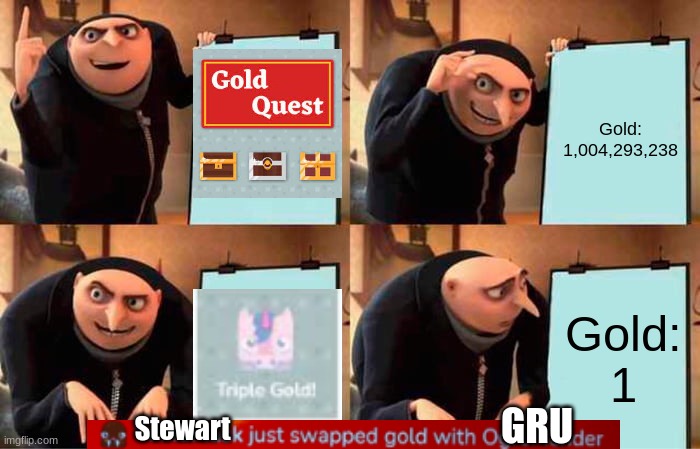 Upvote if this happens to you | Gold: 1,004,293,238; Gold: 1; GRU; Stewart | image tagged in memes,gru's plan,blooket,funny | made w/ Imgflip meme maker