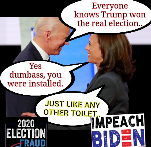 Fraud and Frauder | Everyone knows Trump won the real election.. Yes dumbass, you were installed. JUST LIKE ANY OTHER TOILET.. | image tagged in biden harris,voter fraud,election fraud,trump won,corruption,slavery | made w/ Imgflip meme maker
