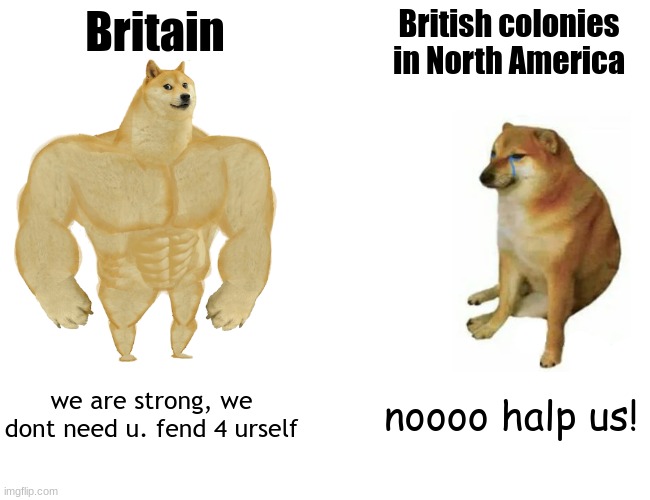 Buff Doge vs. Cheems Meme | Britain; British colonies in North America; we are strong, we dont need u. fend 4 urself; noooo halp us! | image tagged in memes,buff doge vs cheems,history | made w/ Imgflip meme maker