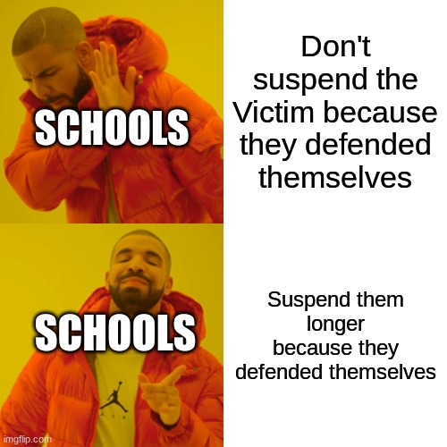 So should i just do nothing and get beaten up? | Don't suspend the Victim because they defended themselves; SCHOOLS; Suspend them longer because they defended themselves; SCHOOLS | image tagged in memes,drake hotline bling | made w/ Imgflip meme maker