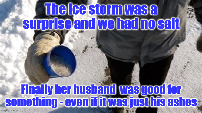 The ice storm was a surprise and we had no salt; Finally her husband  was good for something - even if it was just his ashes | image tagged in ashes,snow | made w/ Imgflip meme maker
