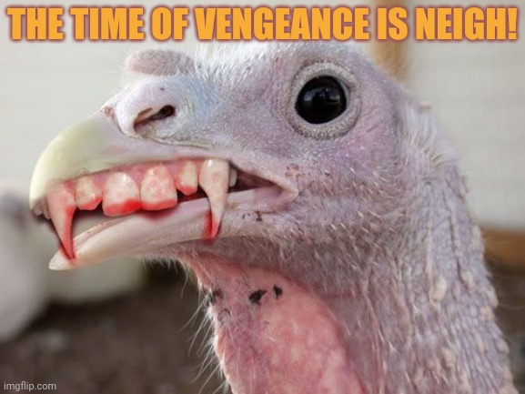 Beware! | THE TIME OF VENGEANCE IS NEIGH! | image tagged in spooken turk,november,turkey | made w/ Imgflip meme maker