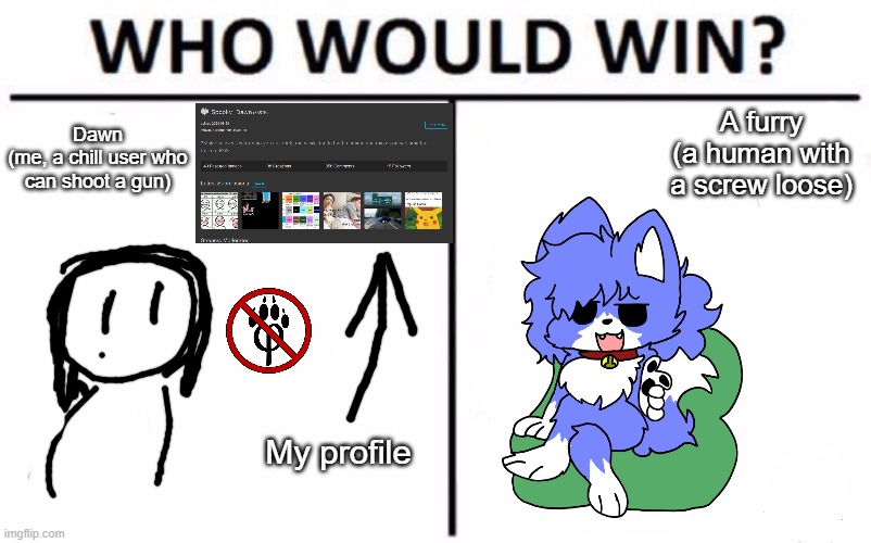 What do you think? Put it in the comments | A furry
(a human with a screw loose); Dawn
(me, a chill user who can shoot a gun); My profile | image tagged in memes,who would win,anti furry,repost | made w/ Imgflip meme maker