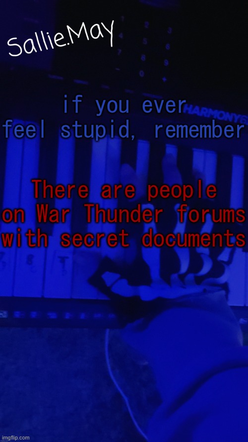 Sallie's temp by hannibal | if you ever feel stupid, remember; There are people on War Thunder forums with secret documents | image tagged in sallie's temp by hannibal | made w/ Imgflip meme maker